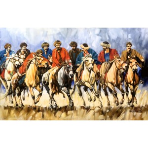 Momin Khan, 30 x 48 Inch, Acrylic on Canvas, Buzkashi Painting, AC-MK-134